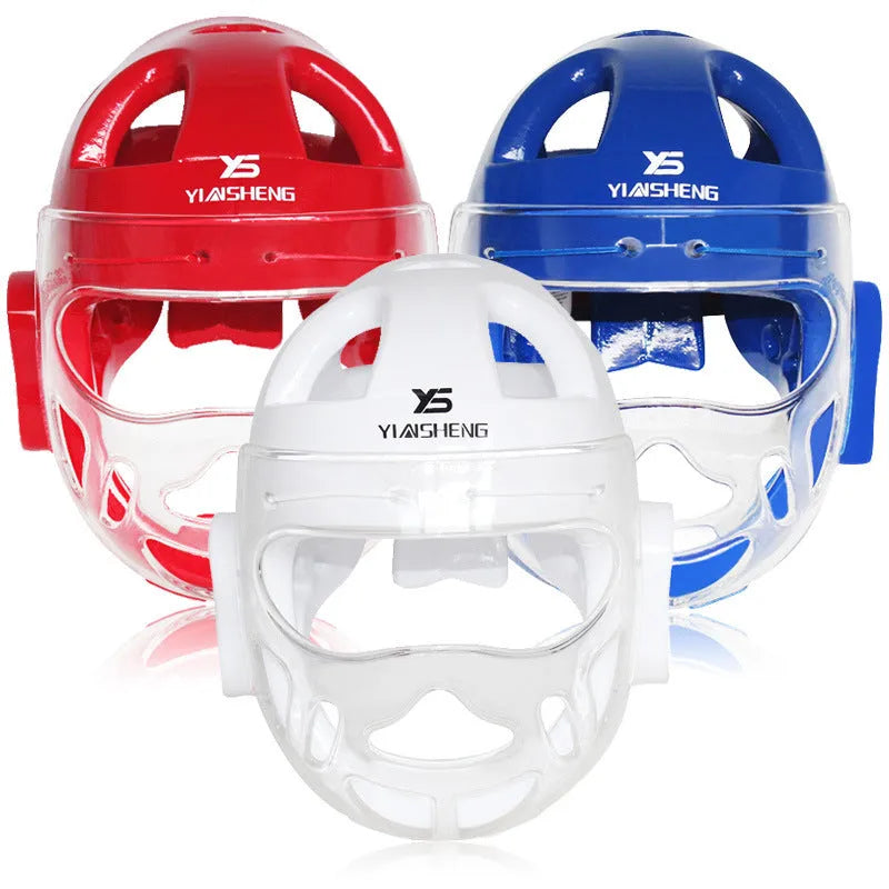 Karate helmet protective head equipment in white, blue, or red colours available in S, M, L, XL sizes