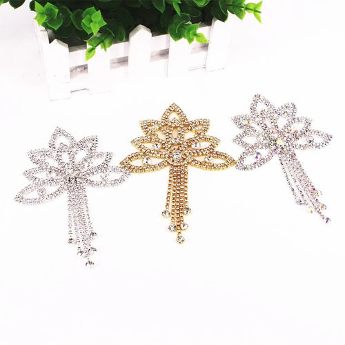 Crystal rhinestone flower applique with tassel in gold white diamond for wedding dress decoration