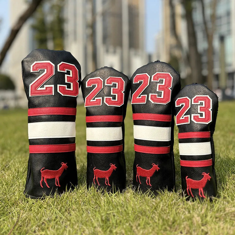 PU golf club sleeve for wooden pole sets in red, black, white, or yellow colours.