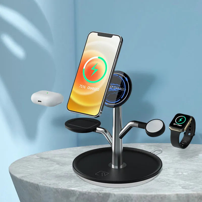 Black ABS+PC three-in-one magnetic suction wireless charger bracket with 15W output and USB interface for mobile phones