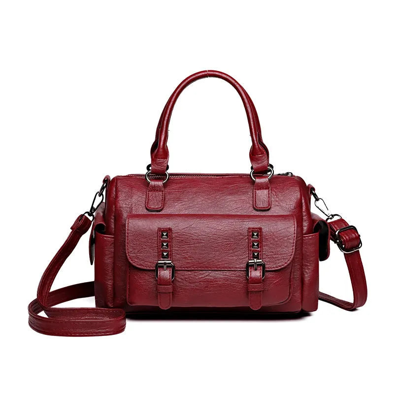 Vintage-style large capacity messenger bag in PU leather, showing contrast stitching and a horizontal square shape.