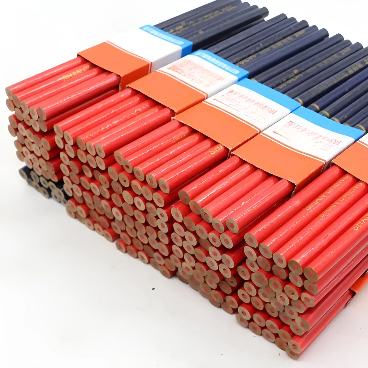 Red and blue two-colour carpenter's pencils with round wooden construction