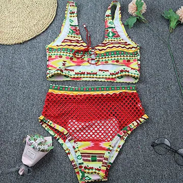 Women's multicolour checkered bikini set with cross-strap top and fishnet high-waist shorts