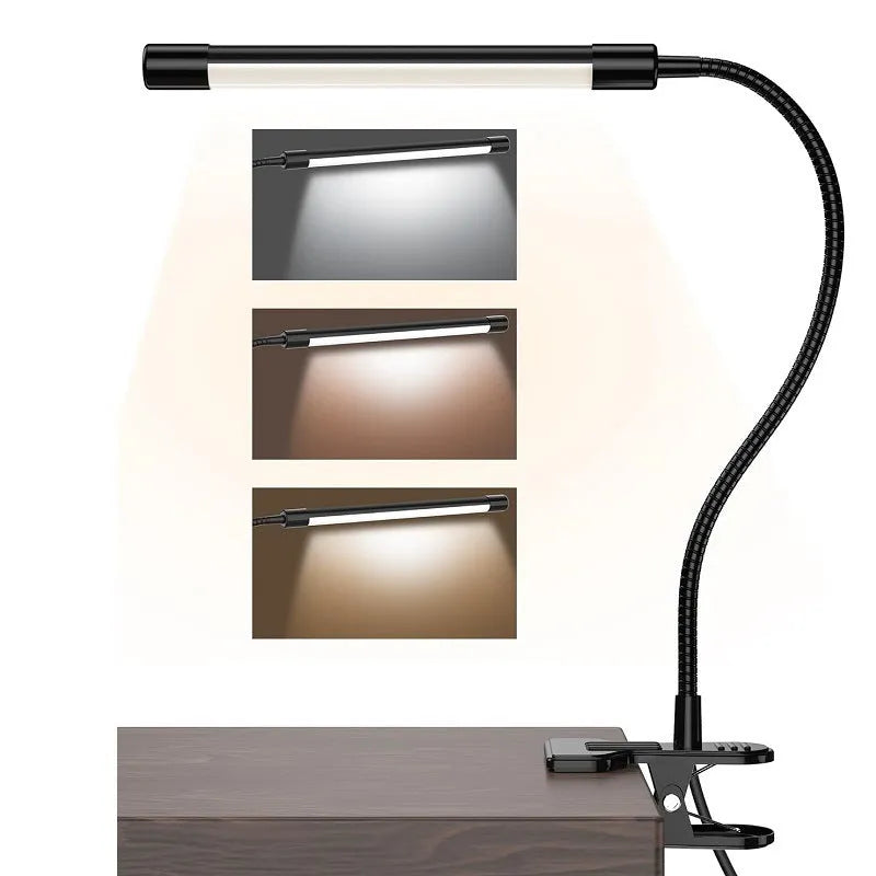 Black and white USB-powered LED desk lamp with 26cm length for study desks.