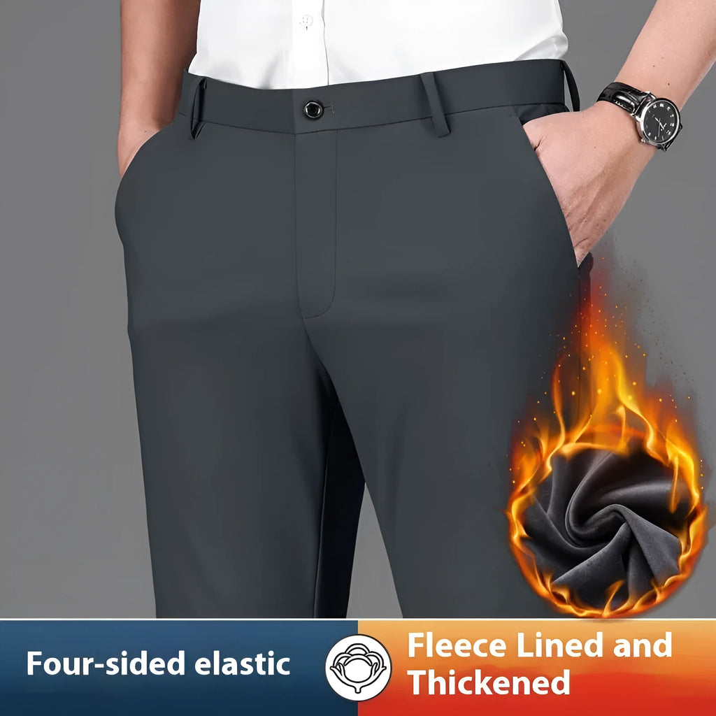 Fleece-lined men's straight leg trousers in black, side view showing draping effect