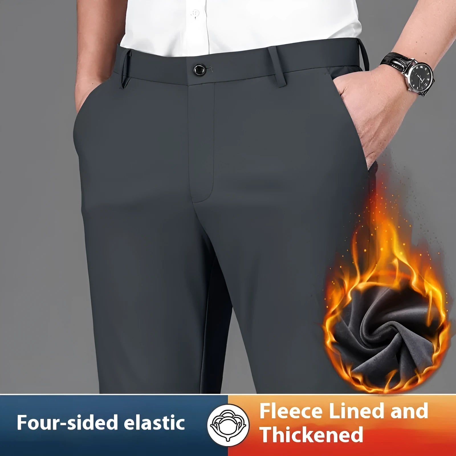 Fleece-lined men's straight leg trousers in black, side view showing draping effect