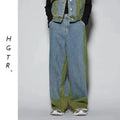 Blue distressed fleece-lined vest and jeans suit on a model, showing the spray colour gradient finish.