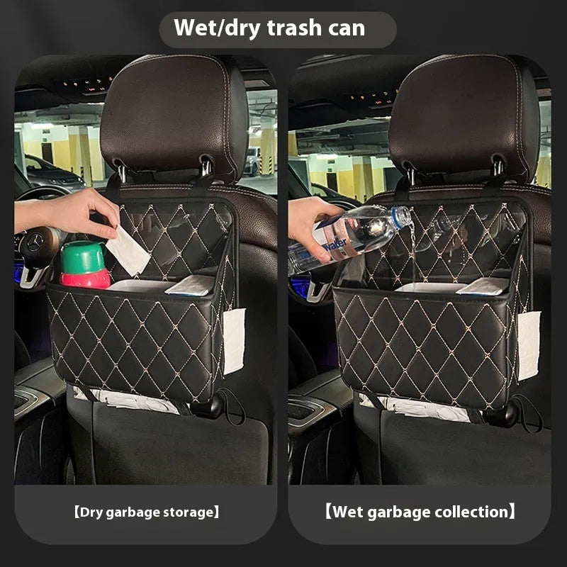 Leather hanging car storage bag and trash can in diamond lattice black or beige with waterproof function and handle