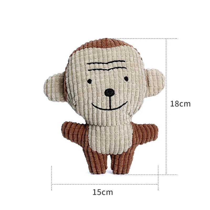 Animal shape plush squeaky dog toys in bright colours with bite-resistant construction