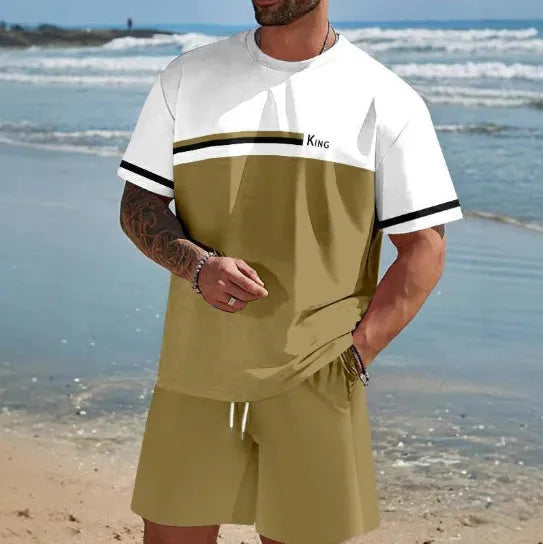 Men's short-sleeved T-shirt and shorts suit set in loose fit polyester summer leisurewear