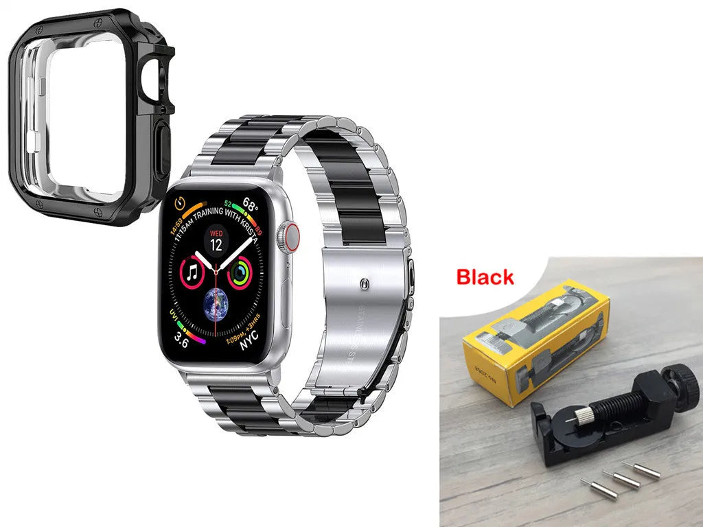 Stainless steel link band and black TPU protective frame for Apple Watch 44mm case