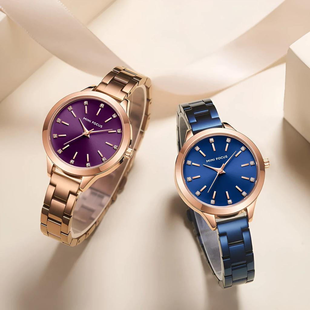 Women's 34mm solid steel strap quartz watch with rhinestone accents, blue dial, alloy case, 3ATM water-resistant