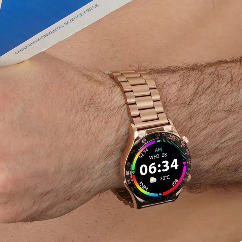 Men's business smart watch with 1.32-inch IPS screen, zinc alloy case, and silicone strap showing health monitoring interface