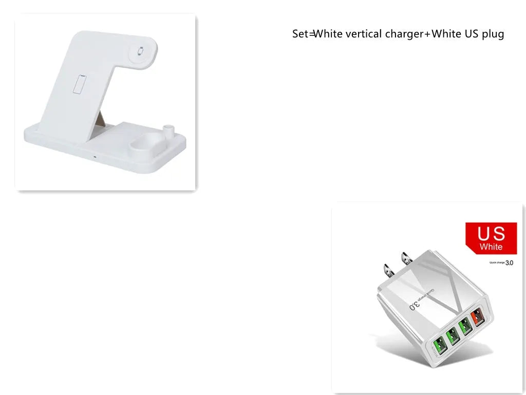 4-in-1 wireless charging dock showing iPhone, Apple Watch, AirPods and Apple Pencil charging simultaneously on adjustable stand.