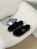 Unisex cow suede mule slippers with cork sole and toe cap in sand gray colour, side view