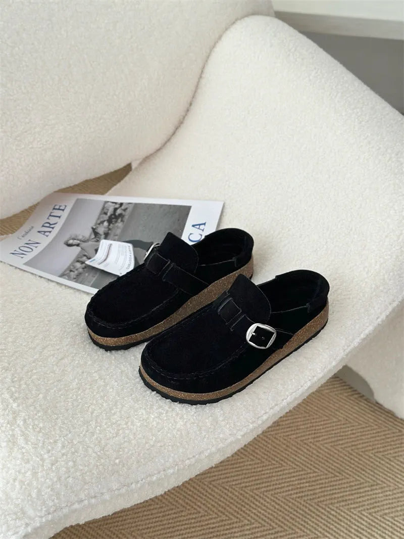 Unisex cow suede mule slippers with cork sole and toe cap in sand gray colour, side view