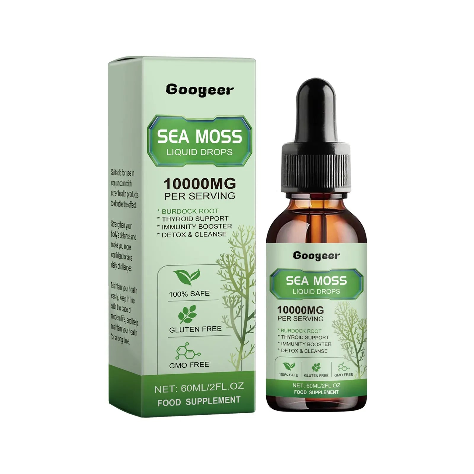 60ml bottle of sea moss liquid drops for body treatment, 3.3x3.3x12 cm