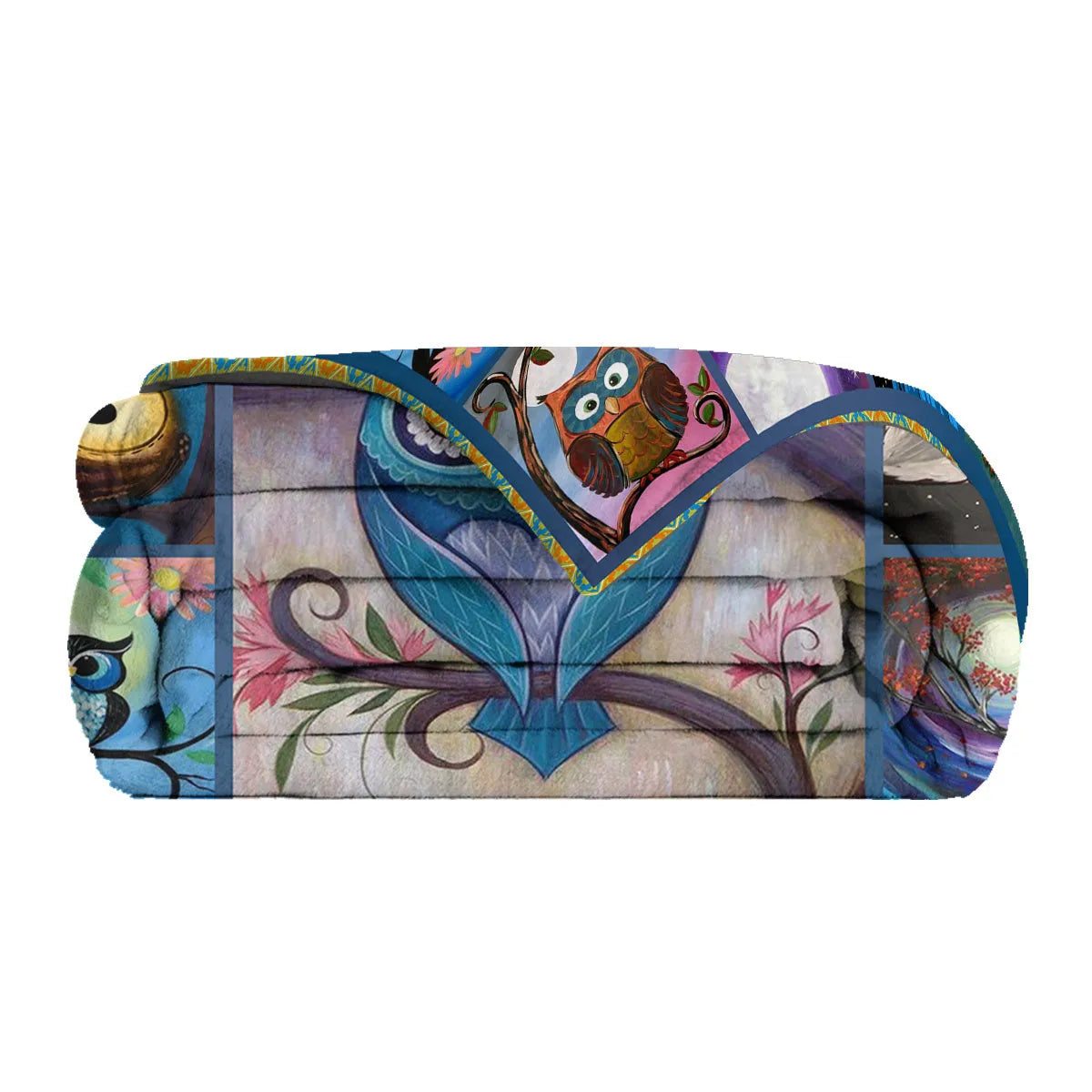 Flannel owl pattern soft fluffy multicoloured blanket in three sizes on a sofa setting
