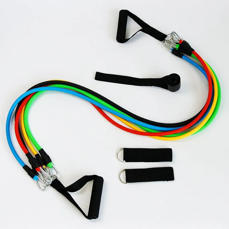 TPE elastic band resistance rope set with carabiner clips in multiple colours for home training