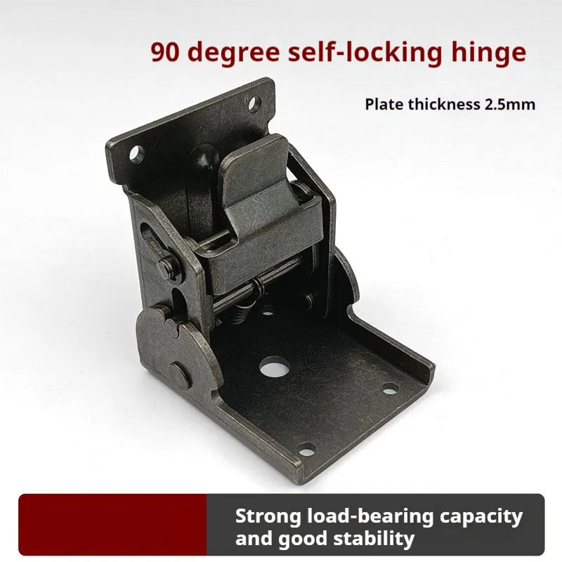 Folding hinge for furniture with adjustable 0 to 90 degree angle and self-locking mechanism.