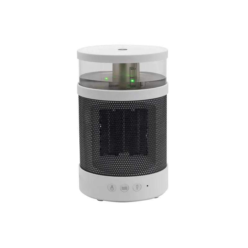 White 3-in-1 space heater with humidifier and night light on a desk