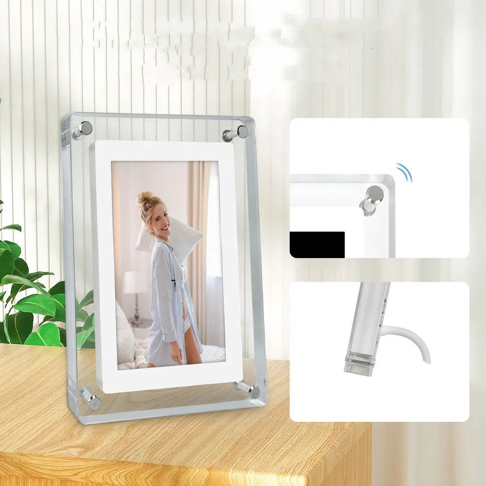 5-inch transparent acrylic digital photo frame with IPS screen and anti-dumping bracket on a desktop