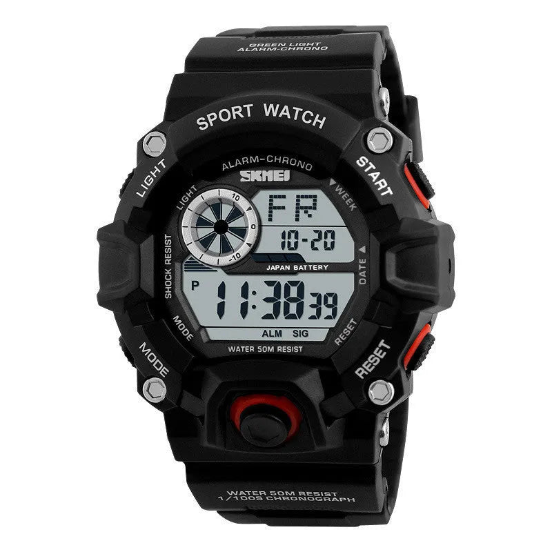 Waterproof sports electronic watch with round dial and plastic strap in multiple colour options