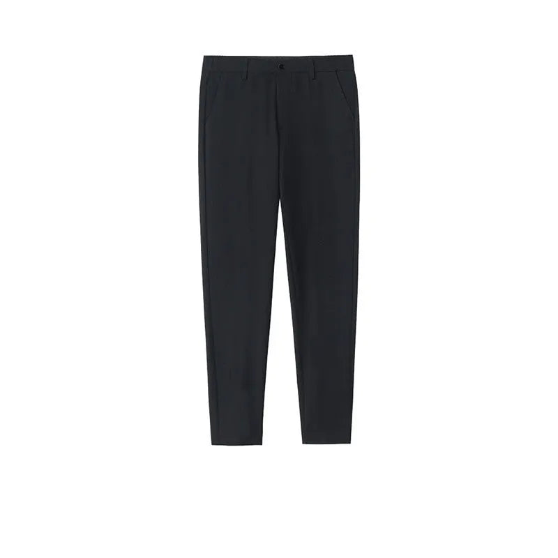 Men's slim straight-leg cotton trousers in black with a drawstring waist.