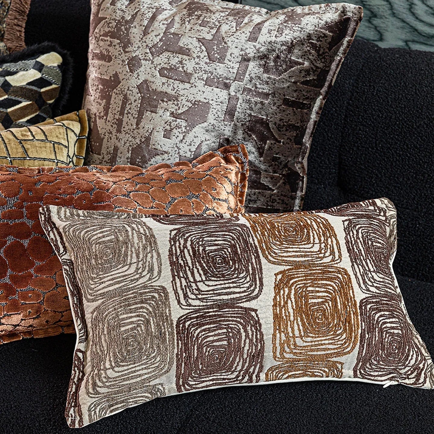 Cream and coffee-coloured abstract coil pattern pillow cover set with square and rectangular options