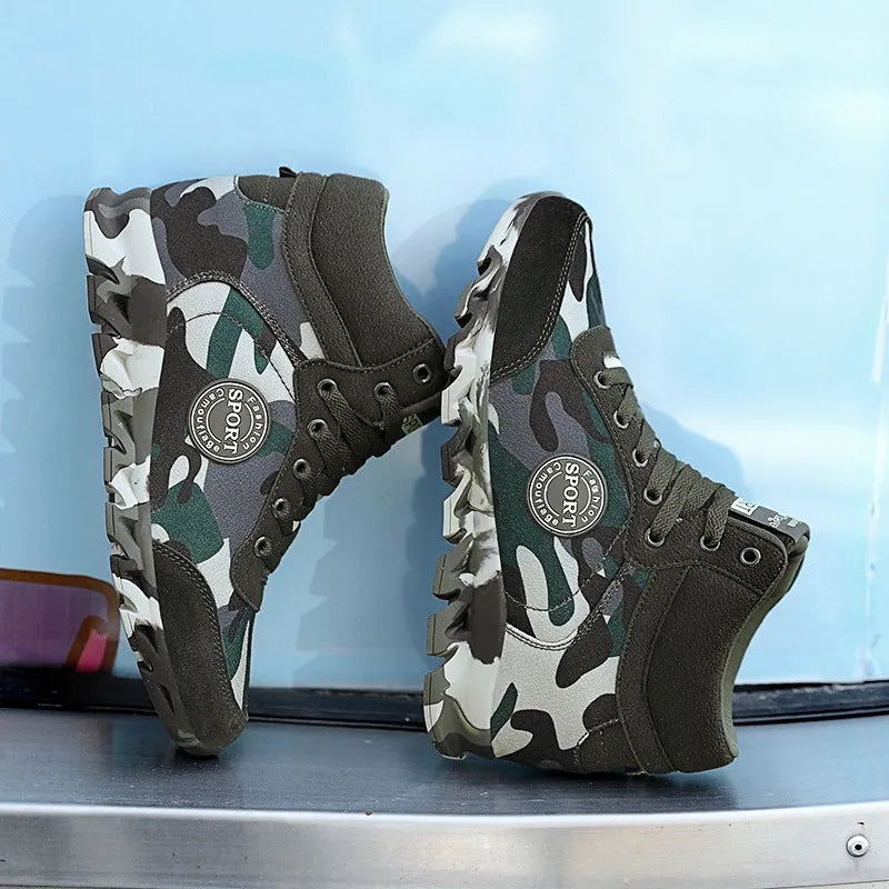 Women's green camouflage print canvas sneakers with rubber sole and increased sole design