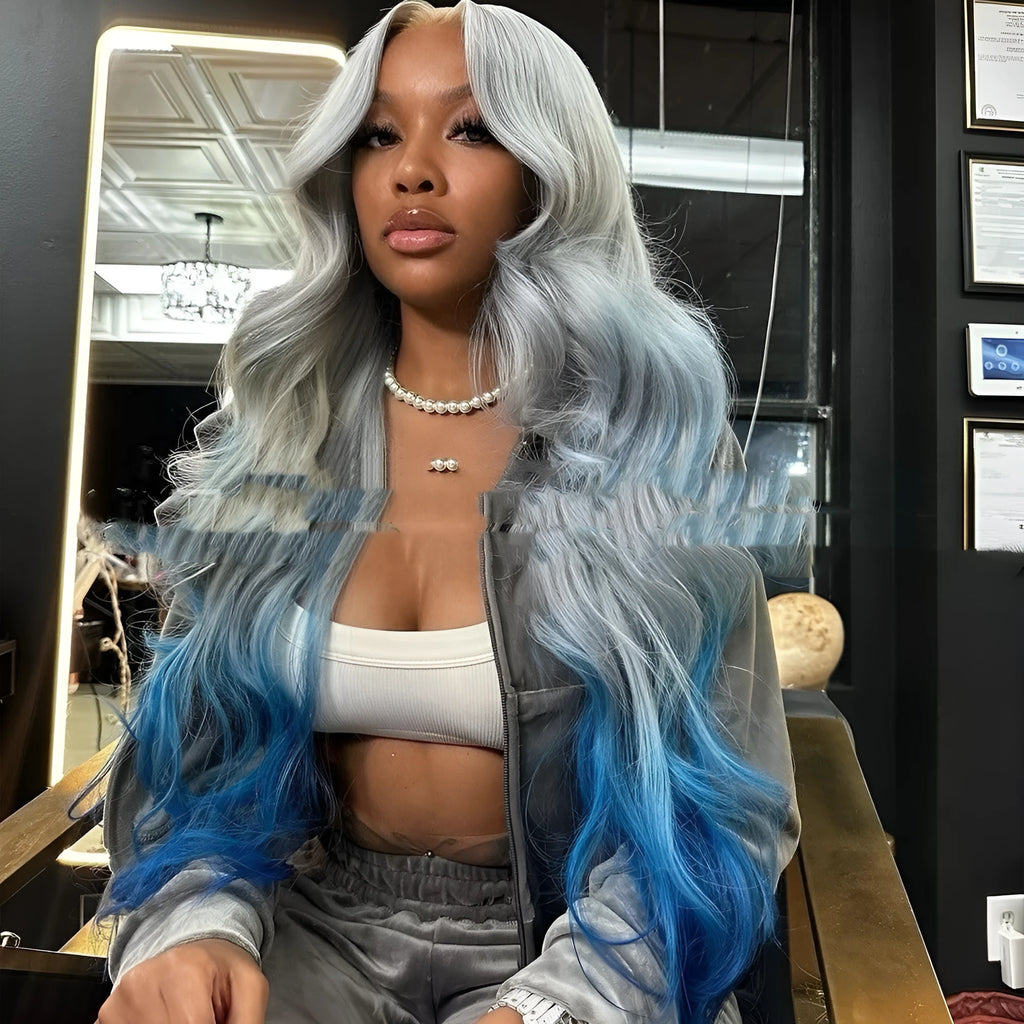 Grey blue gradient colour human hair lace front wig with natural-looking 4x4 lace frontal
