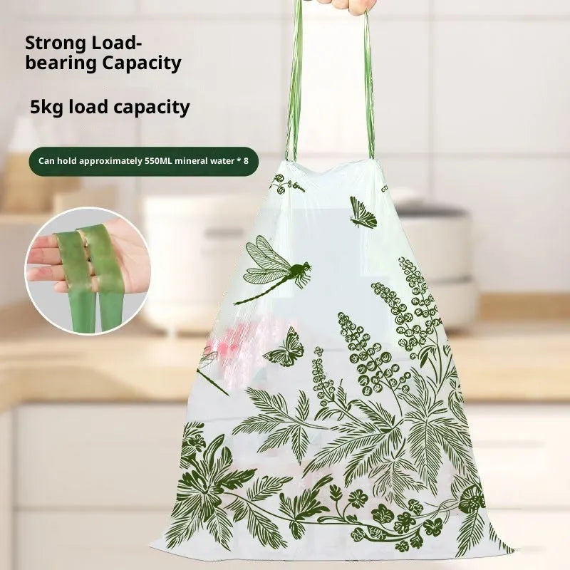 Roll of mugwort print no-tear drawstring garbage bags in extra large size for home use