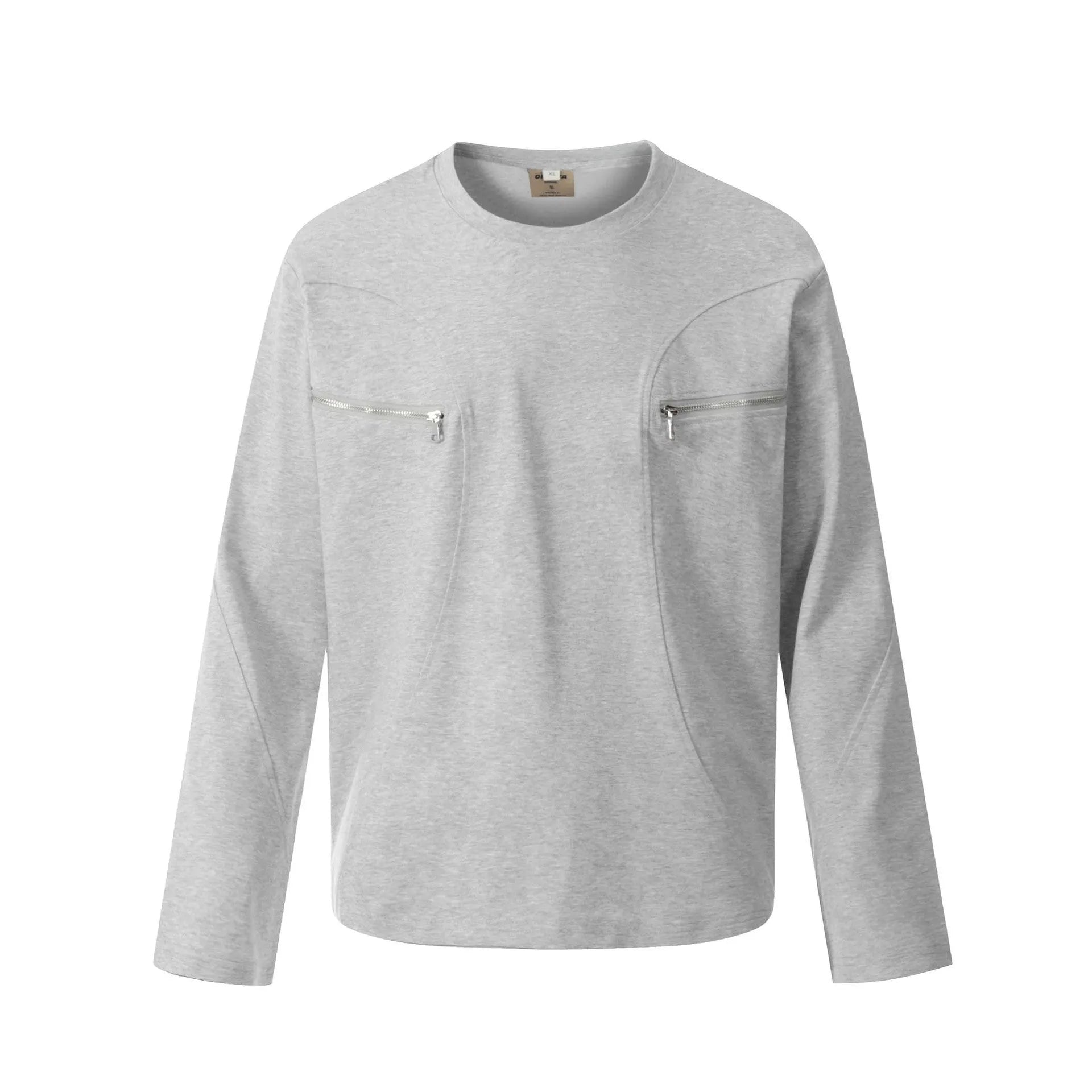 A man or woman wearing a loose grey cotton long sleeve retro pullover.
