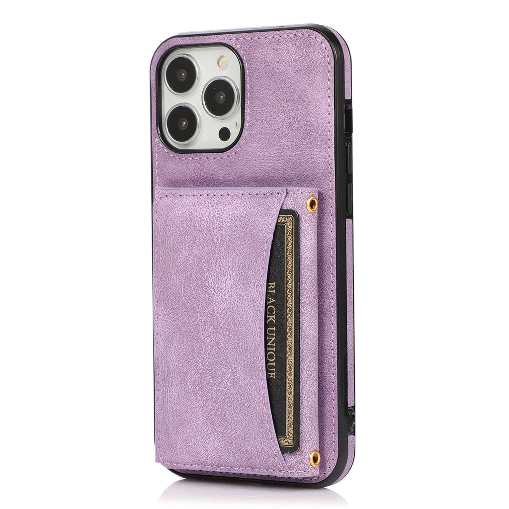 Tri-fold PU leather wallet iPhone case with card sleeve, shown in black, purple, retro red, blue and brown.