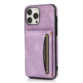 Tri-fold PU leather wallet iPhone case with card sleeve, shown in black, purple, retro red, blue and brown.
