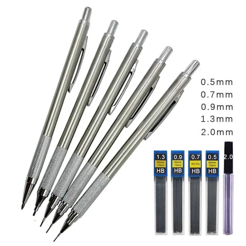 Metal automatic mechanical pencil with multiple lead size options including 0.5mm and 2.0mm diameters