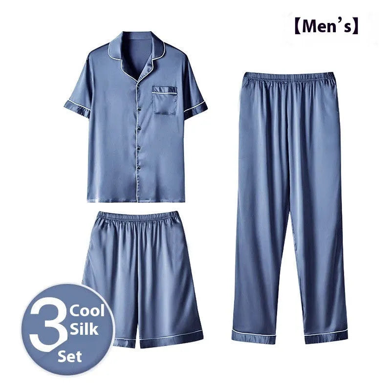 Men's ice silk three-piece home wear set showing trousers, shorts, and top in a neutral colour.