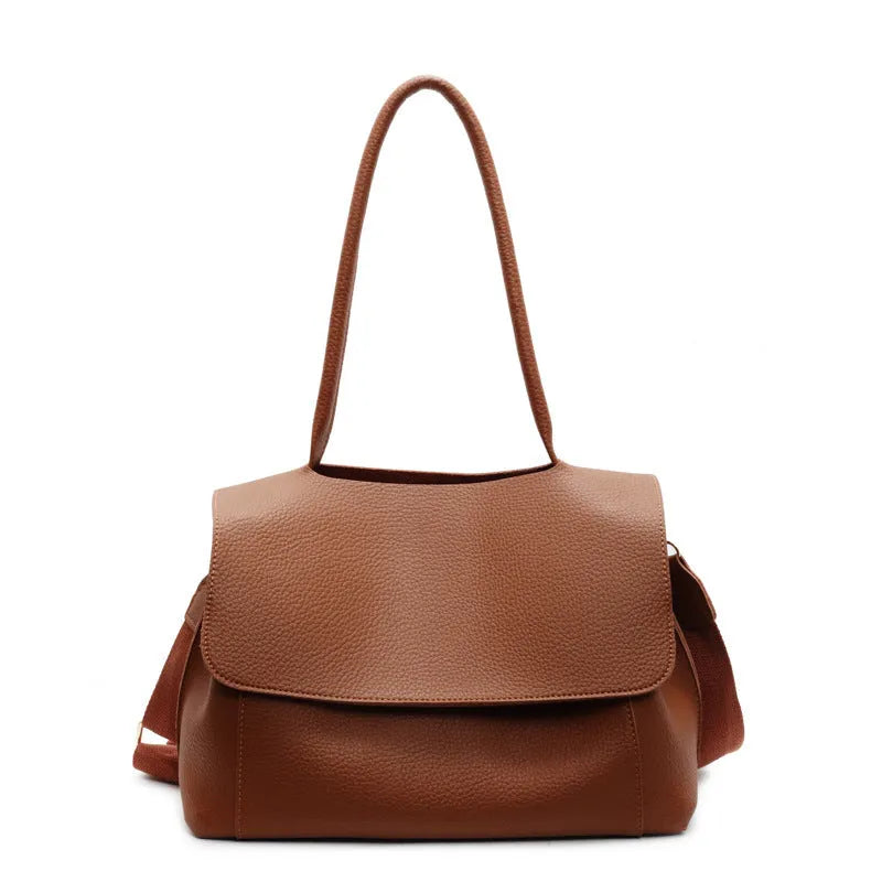 Brown PU tote bag with double shoulder straps and horizontal square shape