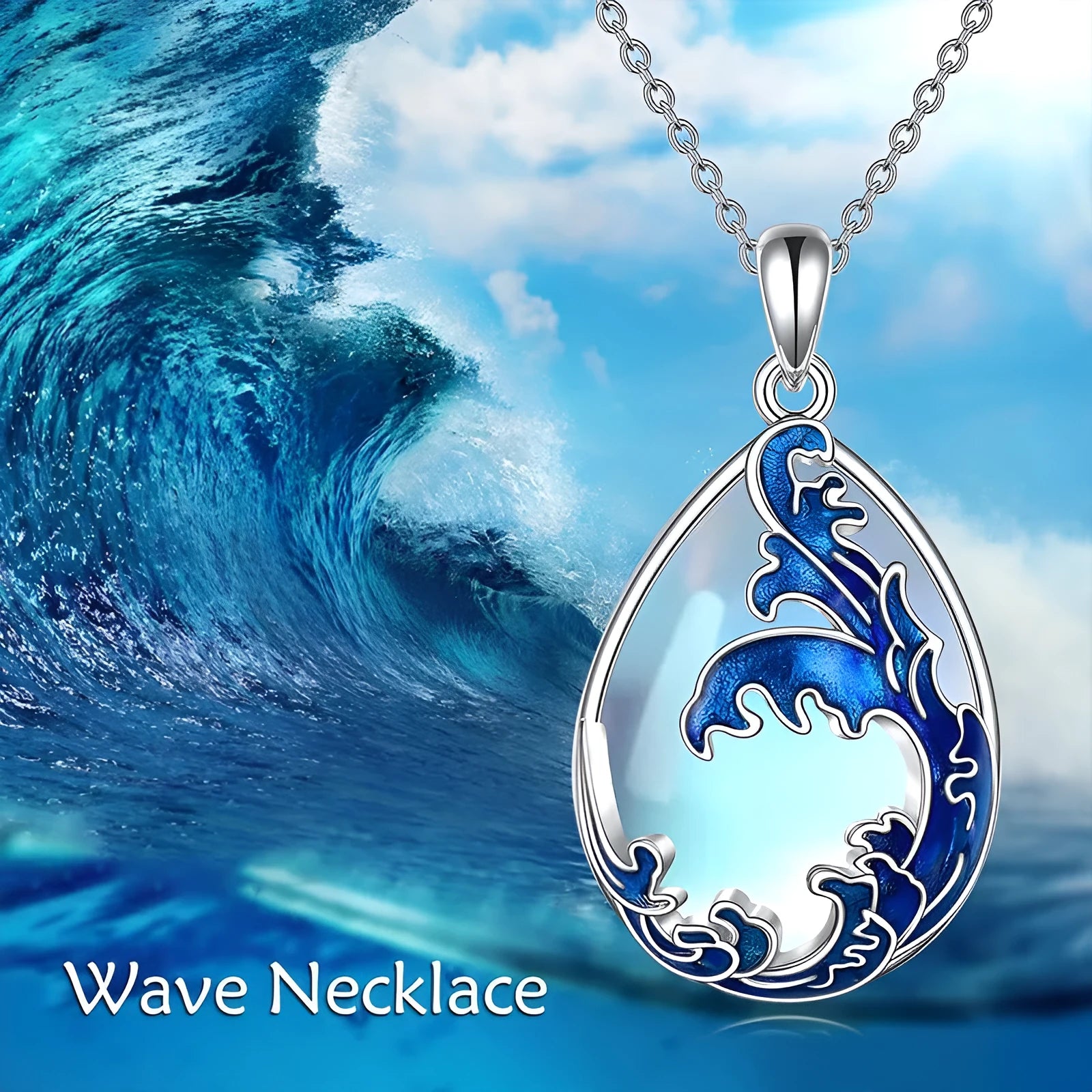 Close-up of a moonstone blue heart-shaped alloy pendant on a women's necklace chain.