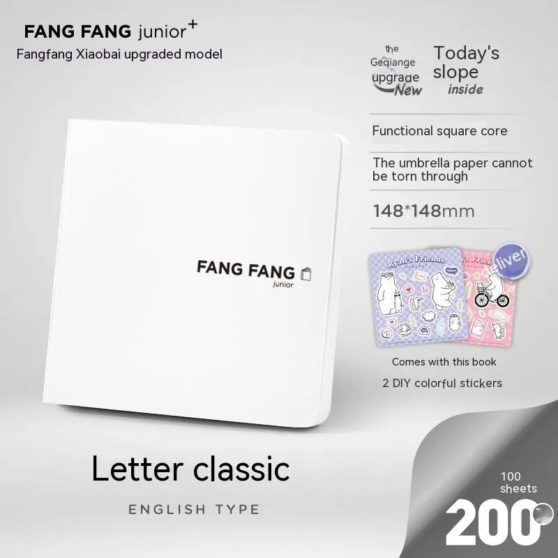 Square white paper notebook with checkered pages, 148mm size, includes stickers