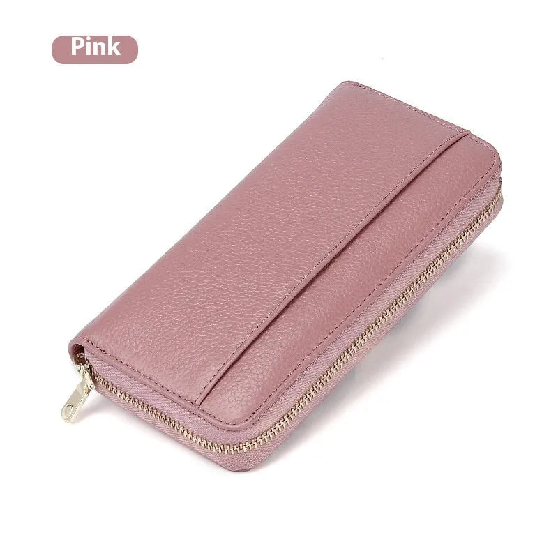 Long genuine leather women's wallet showing six colour options with anti-theft card swiping feature