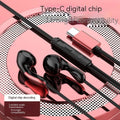 Type-C flat hole wired headset with flat cable and combined wire control, black colour variant