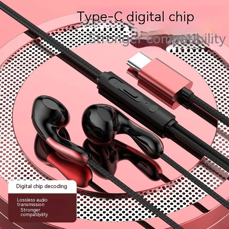 Type-C flat hole wired headset with flat cable and combined wire control, black colour variant