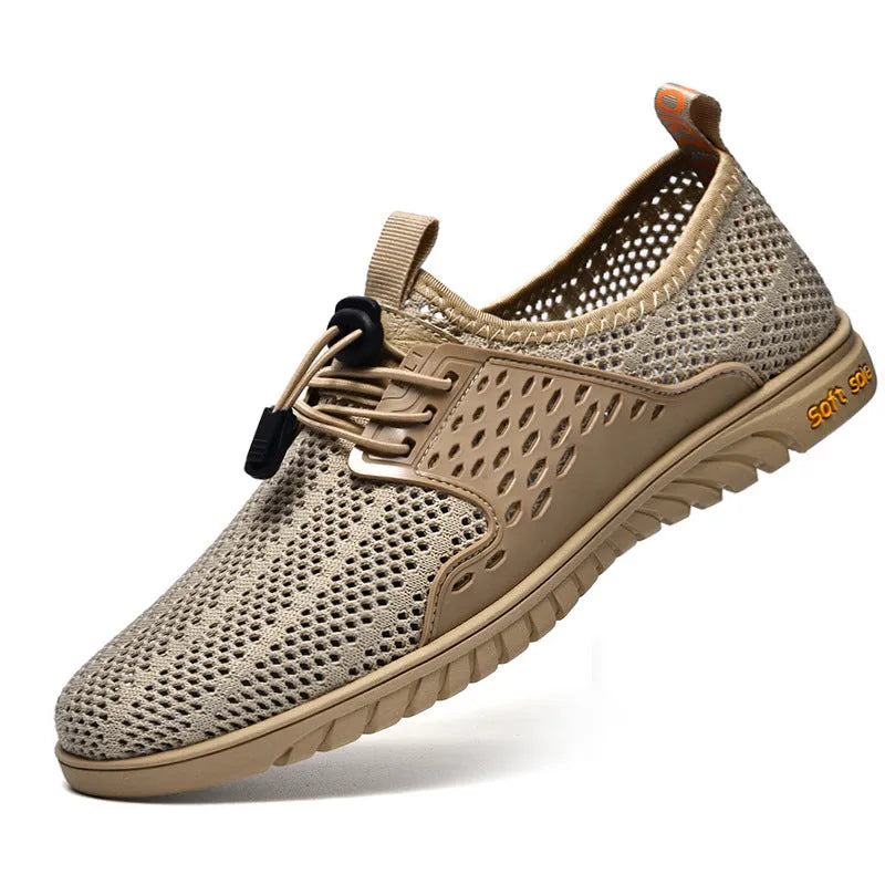 Men's black casual shoes with breathable mesh upper and elastic band closure on a white background.