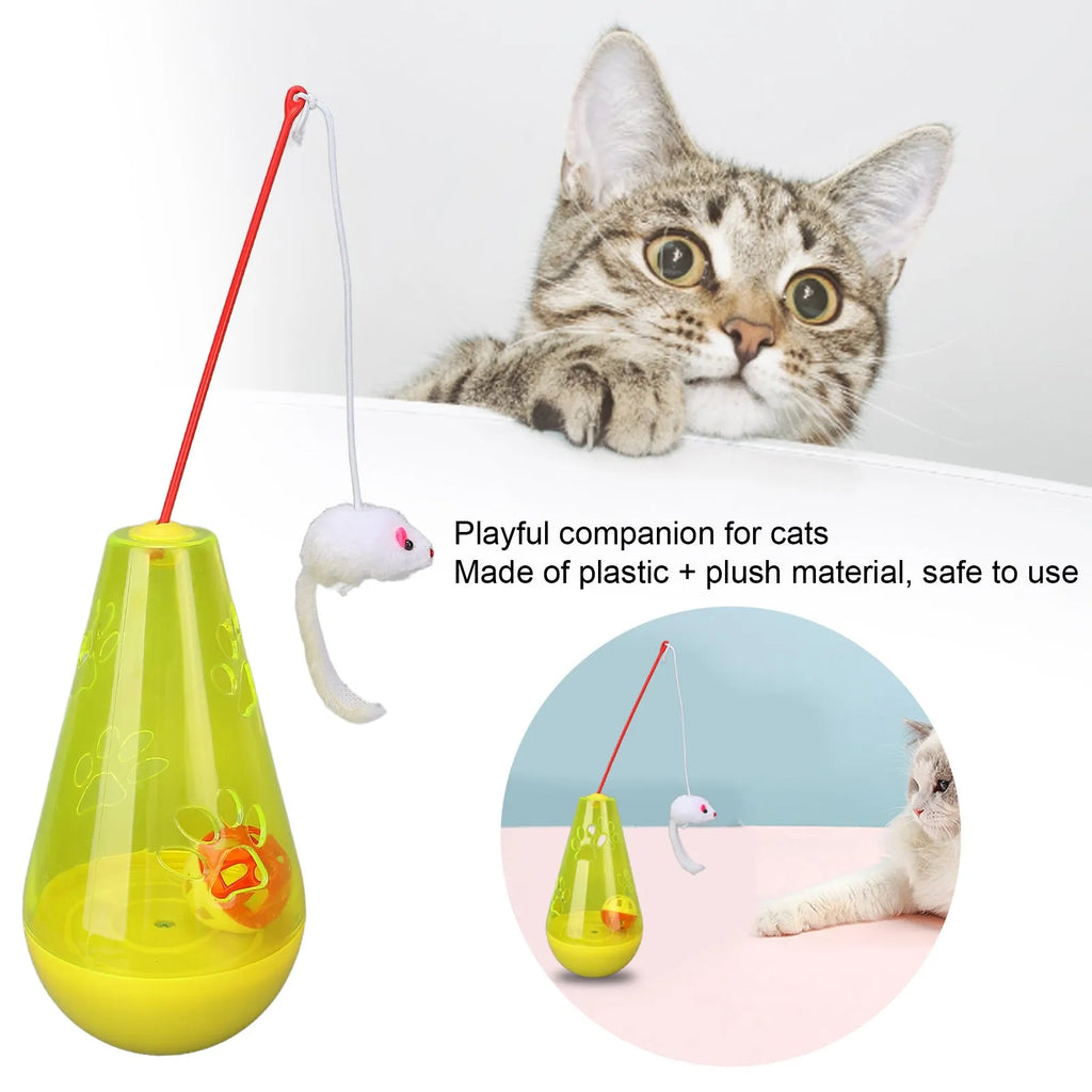 Blue and yellow cat toy with bell ball, slow feeder, and plush mouse stick for indoor cats