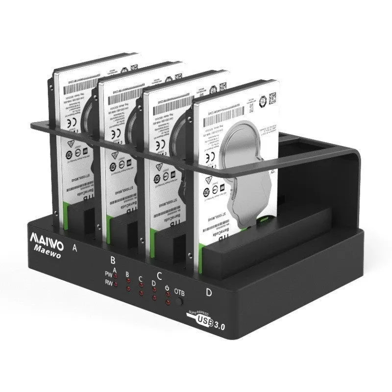 Four bay external hard drive enclosure for 2.5 inch SATA drives with cables