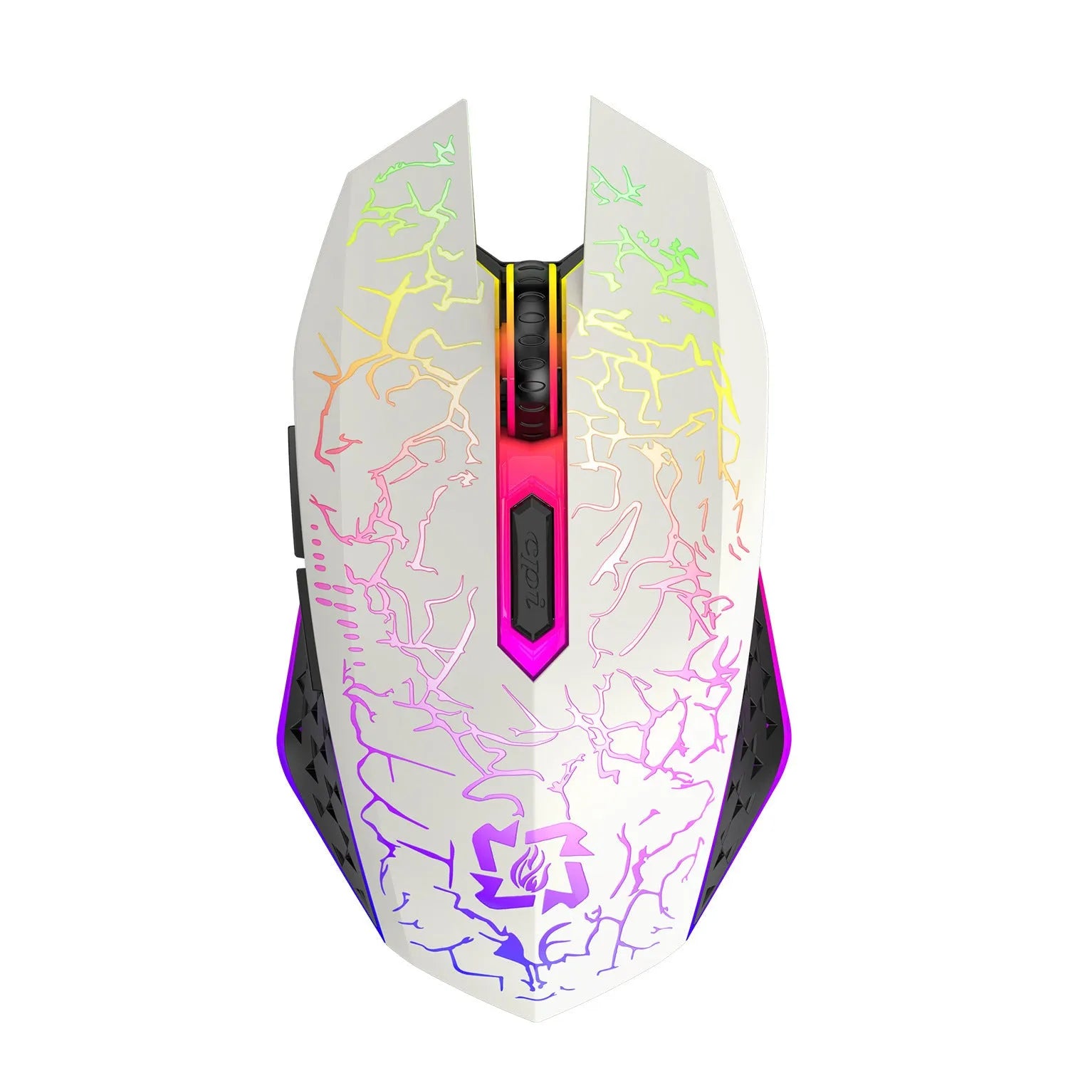 Black and white dual-mode 2.4G Bluetooth rechargeable gaming mouse with breathing light on a desktop.