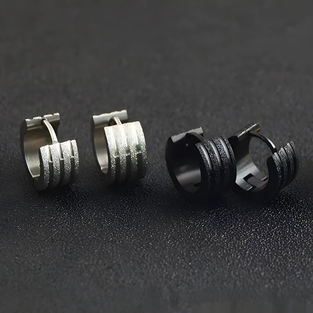 Korean style frosted geometric titanium steel earrings with three-line design in black, gold, and steel colours