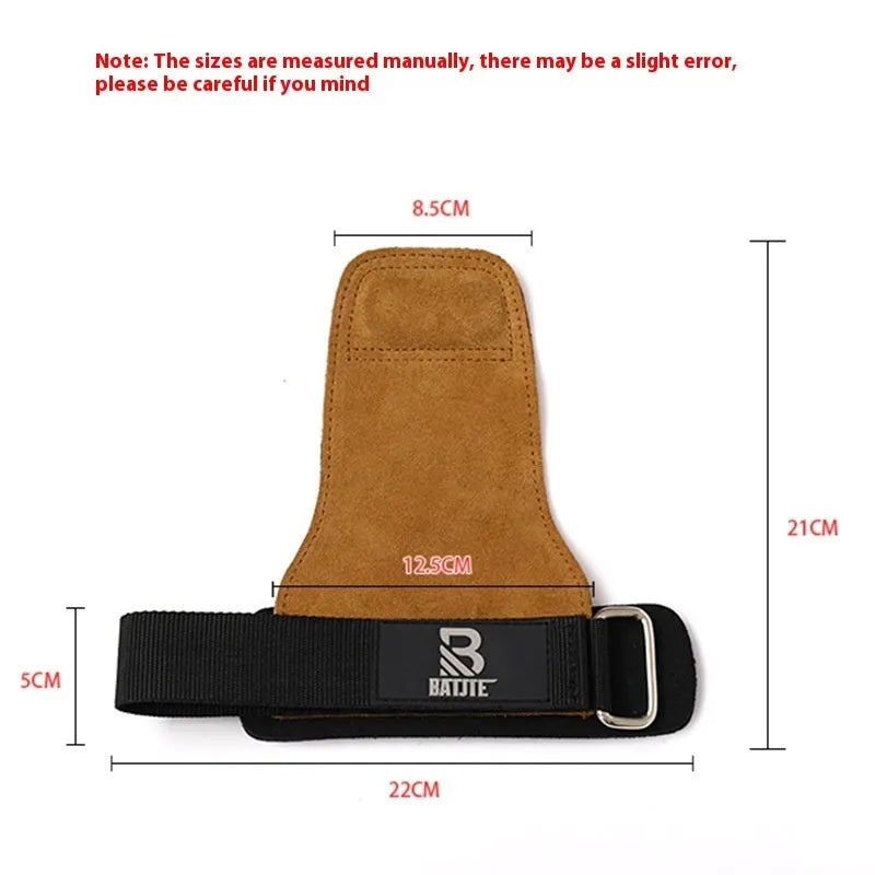 A pair of brown full-grain leather wrist support bands with hook-and-loop fasteners, laid flat.