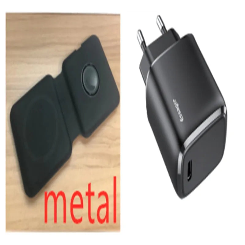 White foldable magnetic wireless charger dock with phone attached, showing angled stand mode.